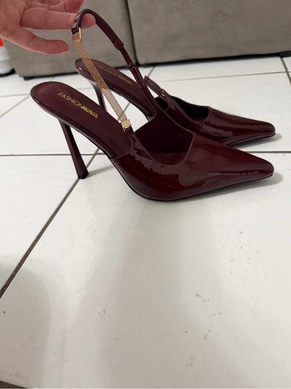 Fashion Nova Burgundy Patent Pointed Slingback Heels with Gold Accent